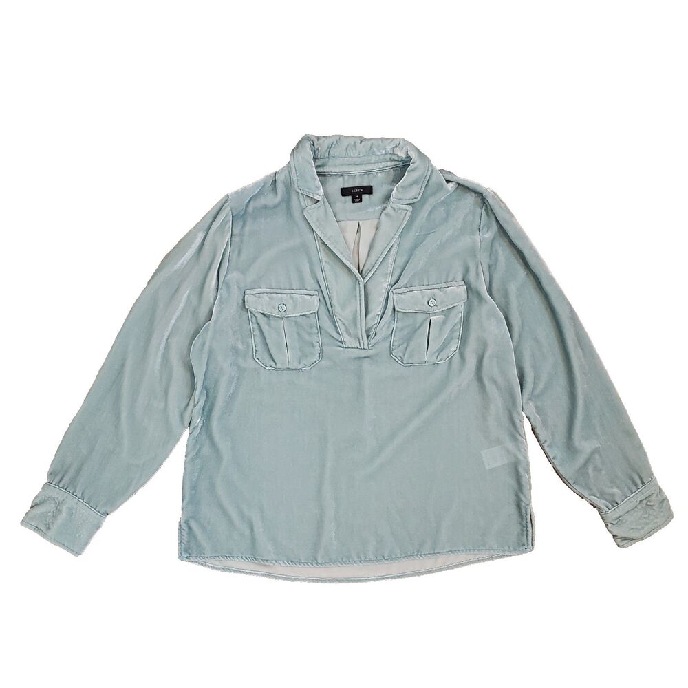 J.Crew Velvet Long Sleeve Shirt Patch Pocket Popover Light Green M Fairy Preppy